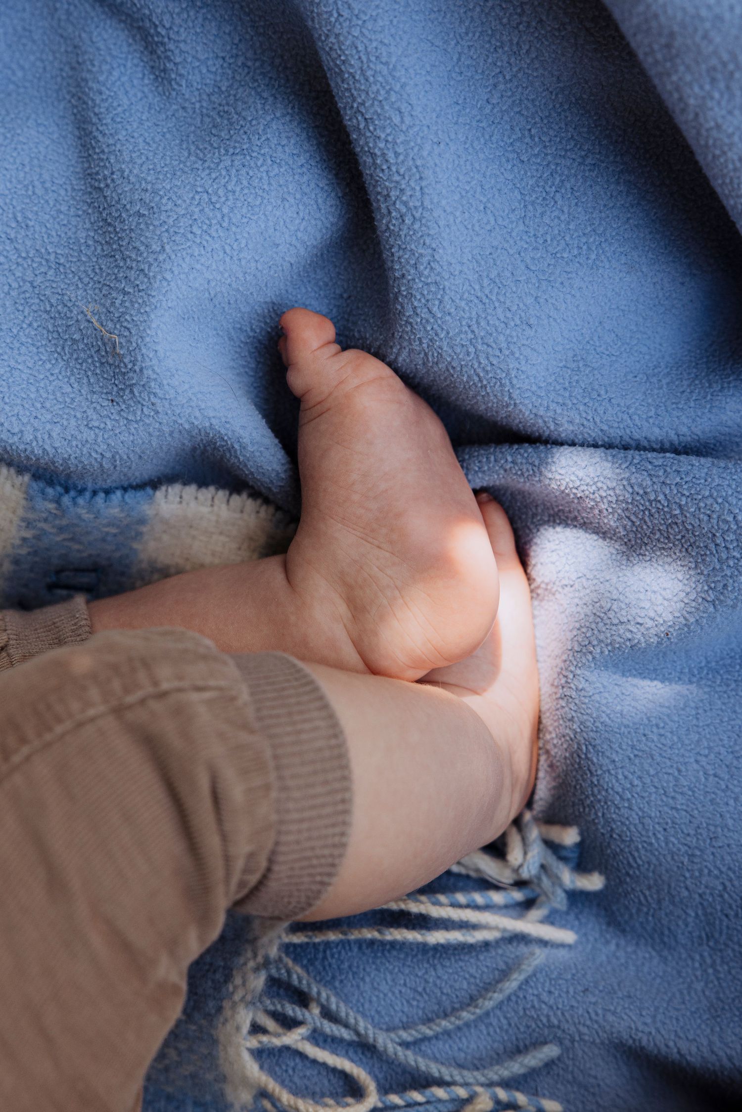 Close-up of a newborn baby's tiny foot resting on a soft blue fleece blanket in sunlight.