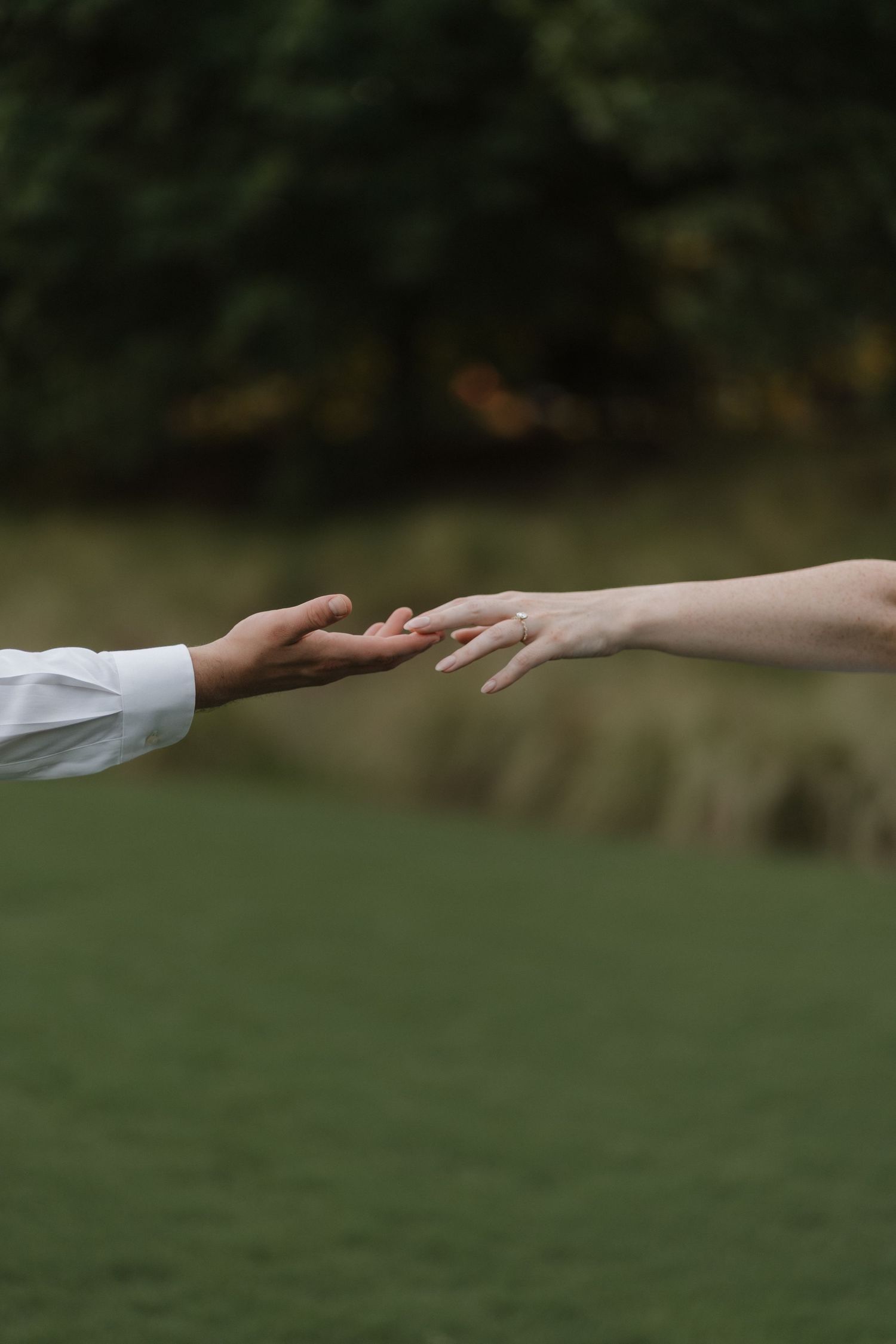 Two hands reaching towards each other against a blurred green outdoor background in a romantic gesture.