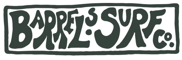 Barrel's Surf Co. vintage-style logo with bold retro typography on a rectangular badge design in dark green.
