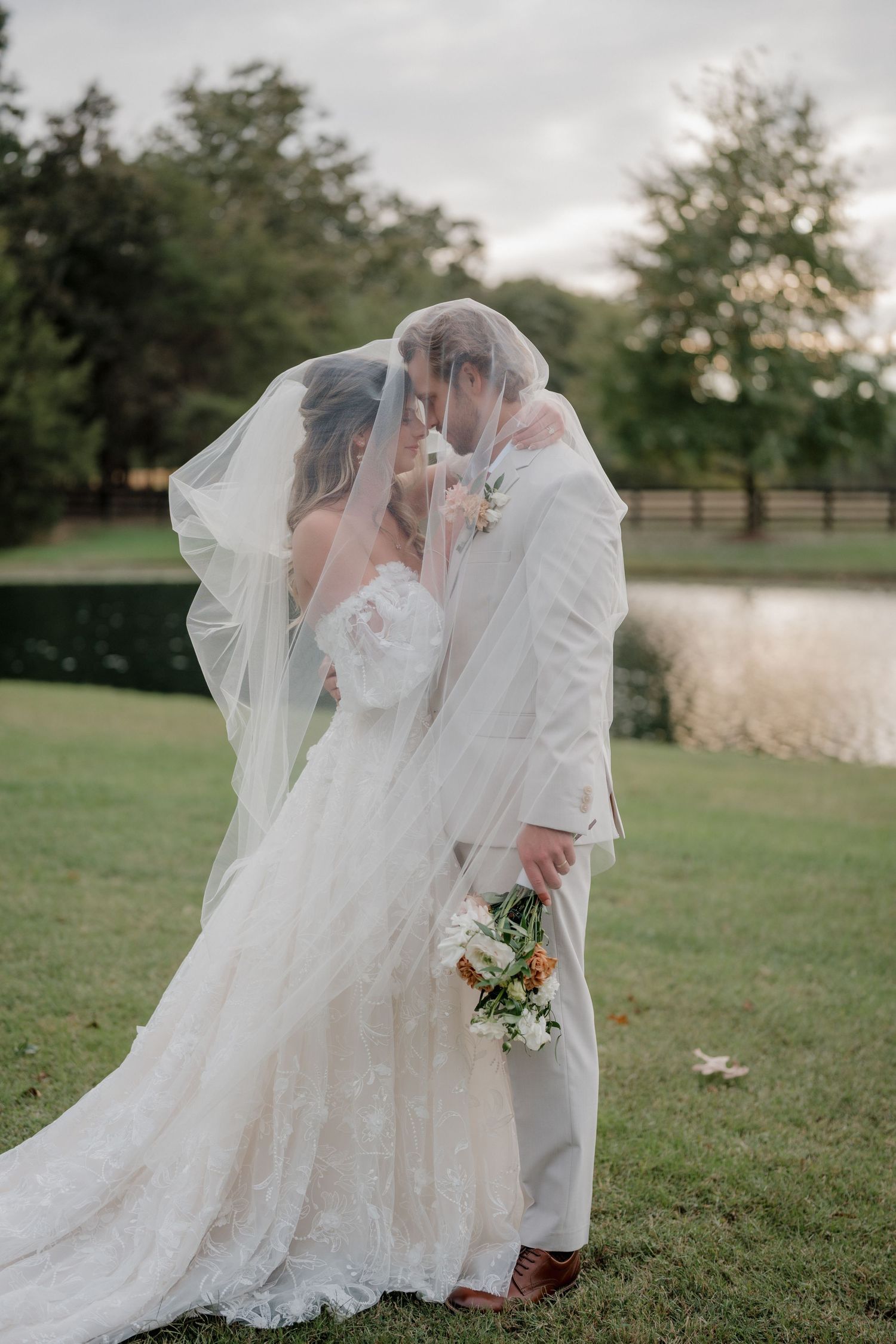 Wedding photography session captures romantic moments with flowing white dress and veil on green lawn.