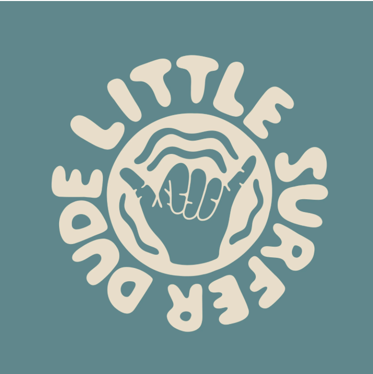 Little Surfer Dude circular logo with shaka hand sign on teal background in cream tones.