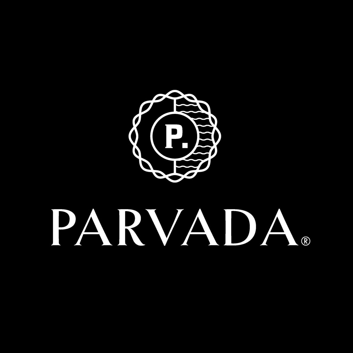 Parvada brand logo featuring a circular seal design on black background.