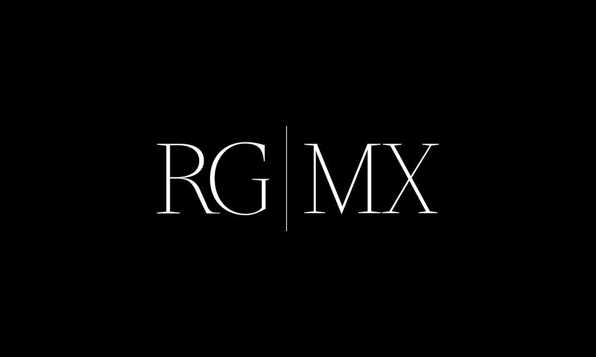 Stylish RG MX text logo in elegant typography on black background.