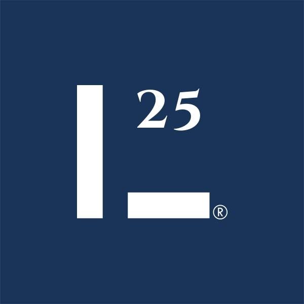 Minimal blue square logo design with white L25 typography.