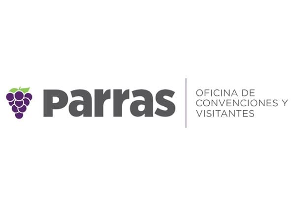 Corporate logo for Parras Convention Office featuring purple grape icon and grey text.