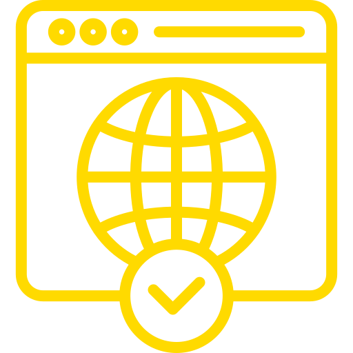 Yellow line icon showing a browser window with globe symbol and checkmark indicating successful web verification.