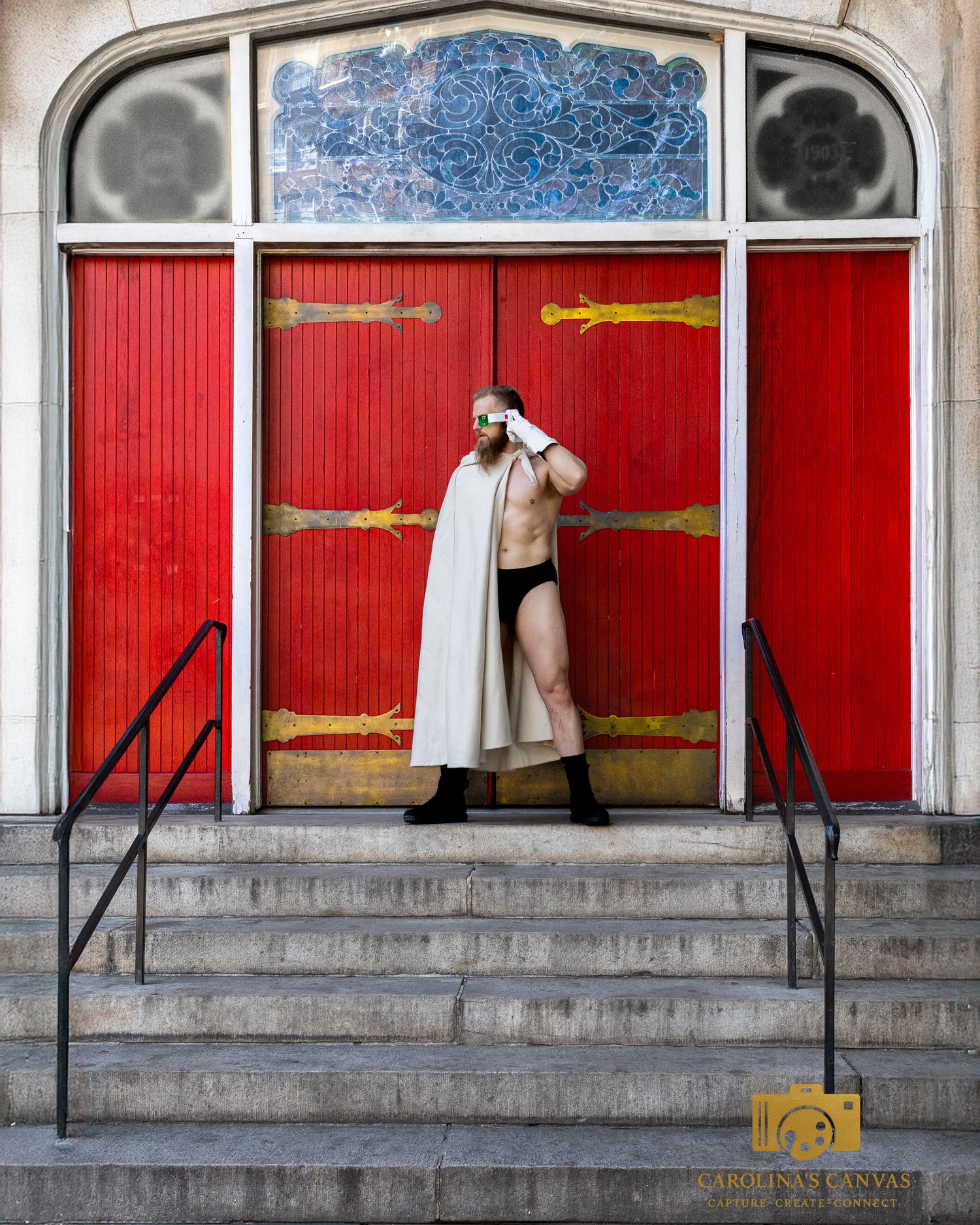 A sequential photo series shows a person scaling a wall by cleverly using window railings to climb across a red backdrop.