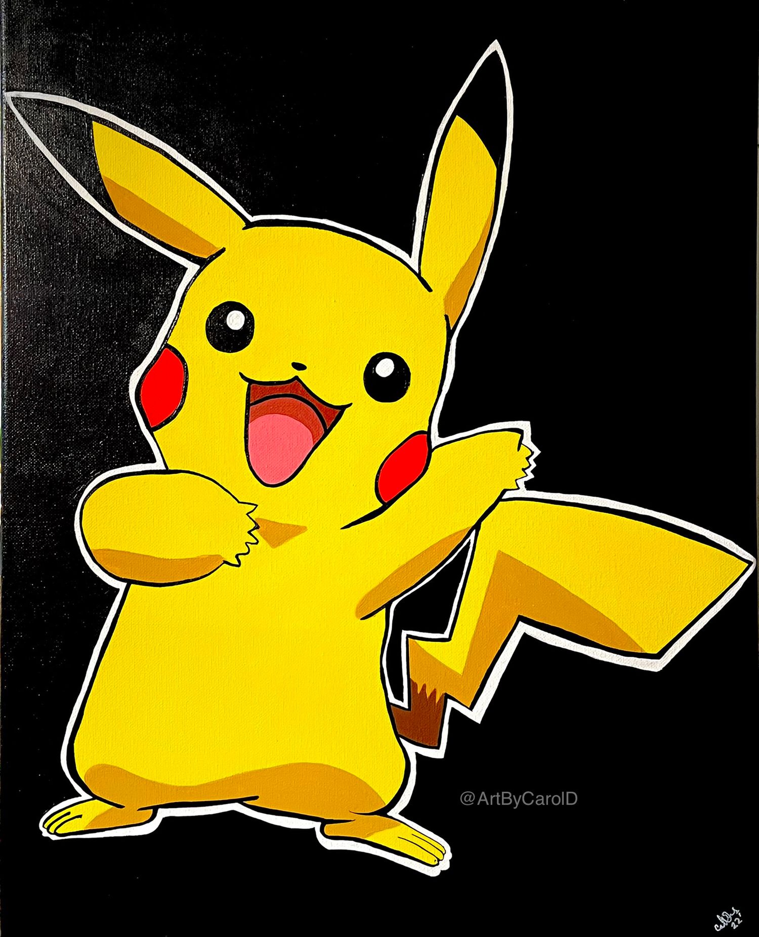 Hand painted Acrylic on canvas. A cheerful Pikachu from Pokemon striking a happy pose against a dark background.