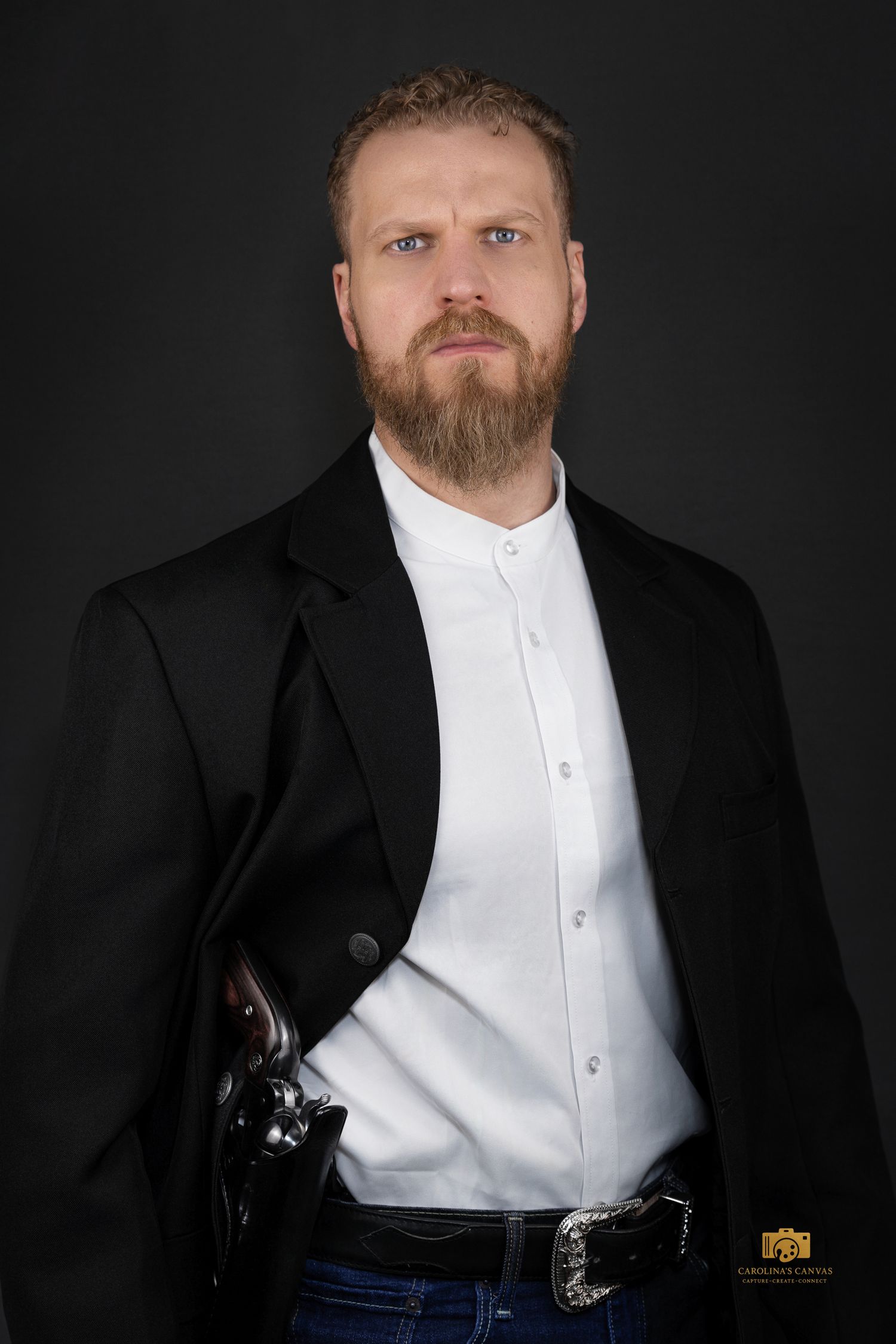 Professional portrait series showing a person in formal attire with black suit jacket and white dress shirt against dark background.