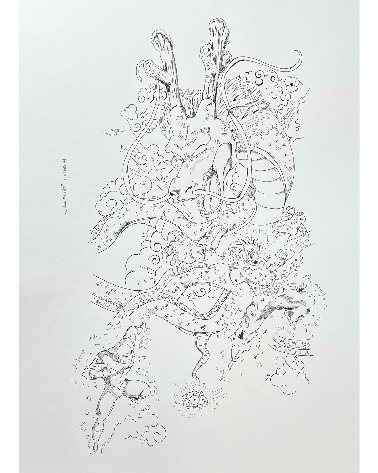 Abstract black and white inked drawing featuring Shenron and various other Dragon Ball Z characters.
