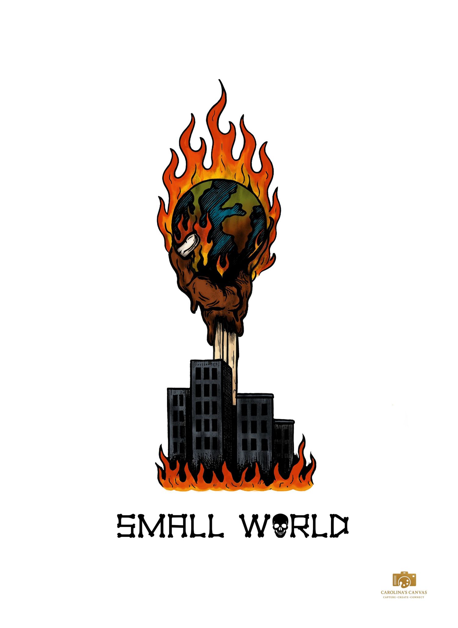 A progression of a building logo design showing increasingly detailed versions with flames, ending in a stylized Small World text.