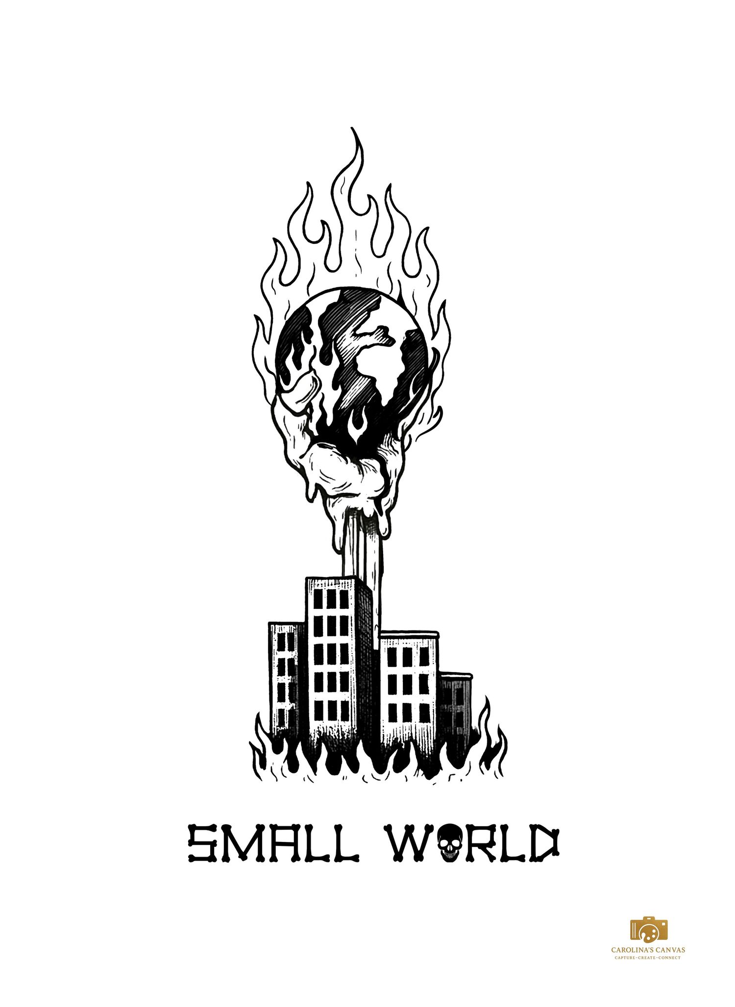 A series of minimalist black and white logo designs showing buildings on fire with increasing size progression.