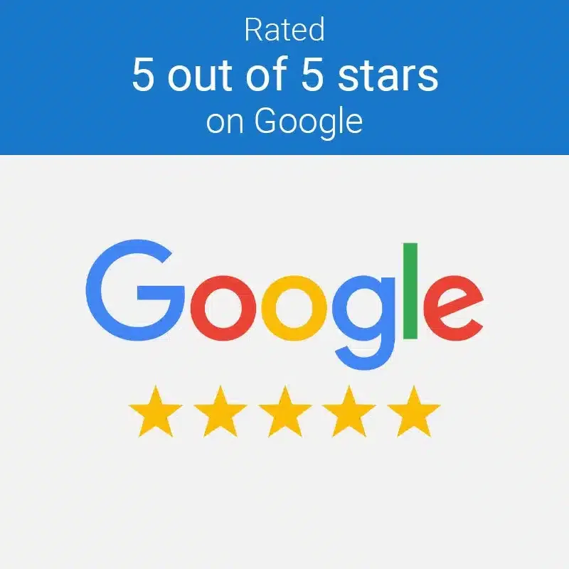 Google 5 out of 5 stars rating display with colorful Google logo and yellow star icons on white background.