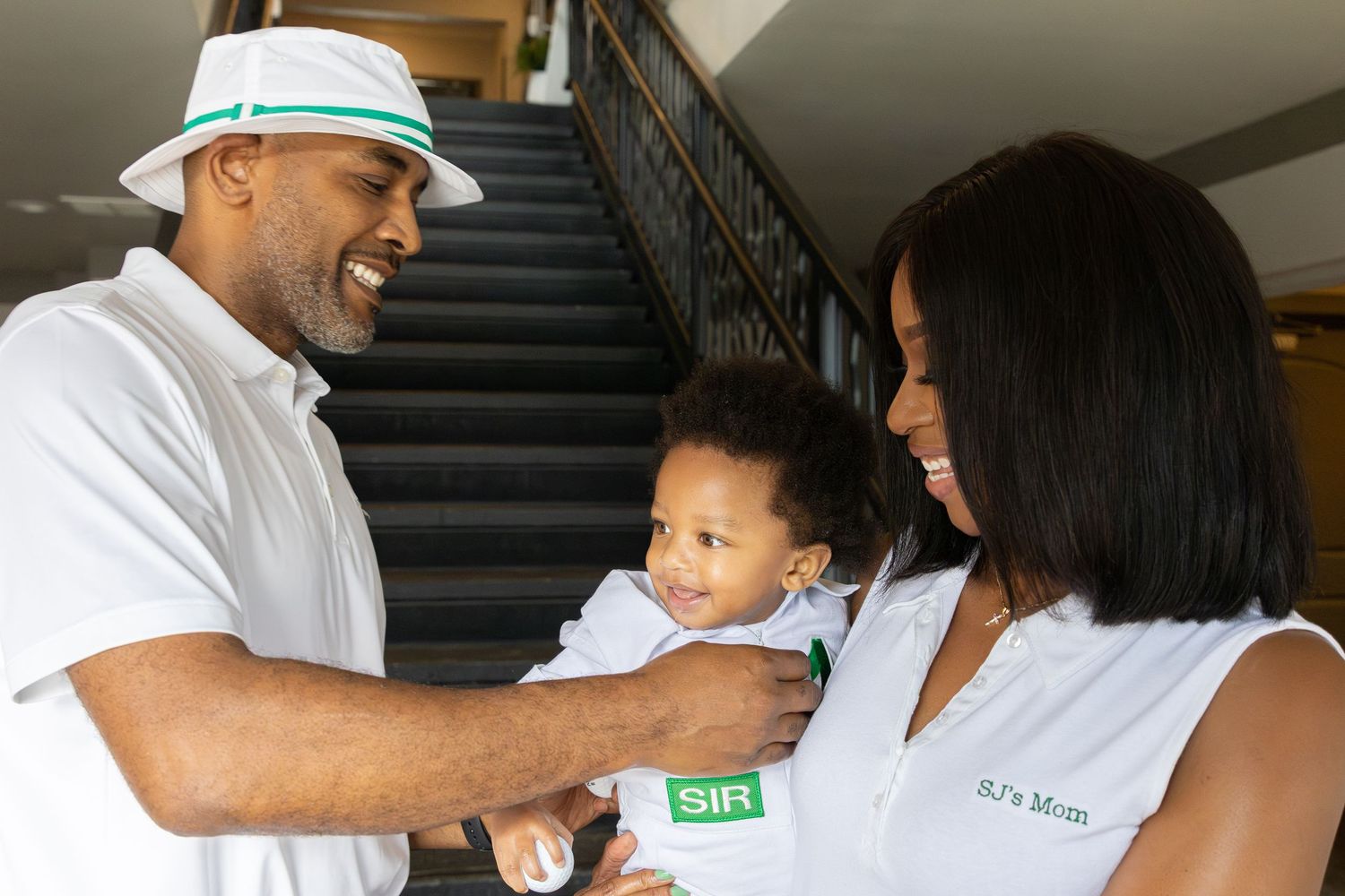 A series of four candid shots showing tender family moments between parent and child in an indoor setting.