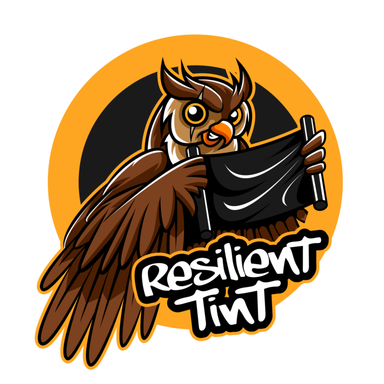 Brown owl logo design variations with orange circular backgrounds shown in different poses and angles. resilient tint marketing and business