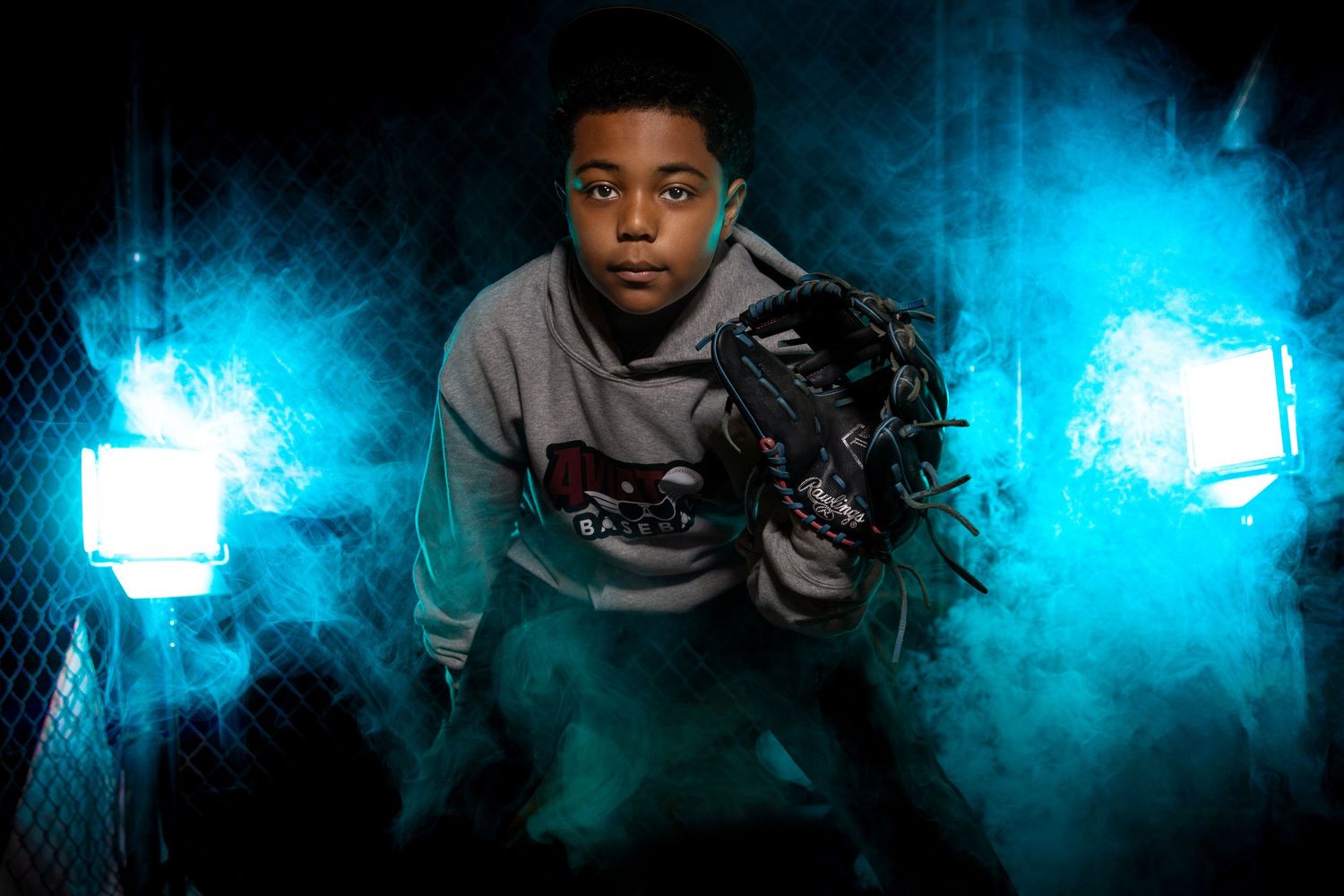 Dramatic portrait sequence with blue neon lighting creating a moody atmosphere.