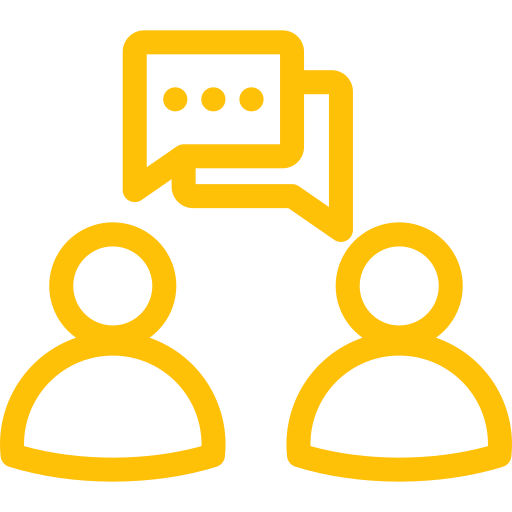 Two minimalist yellow silhouettes of people with a speech bubble icon indicating conversation or communication between them.