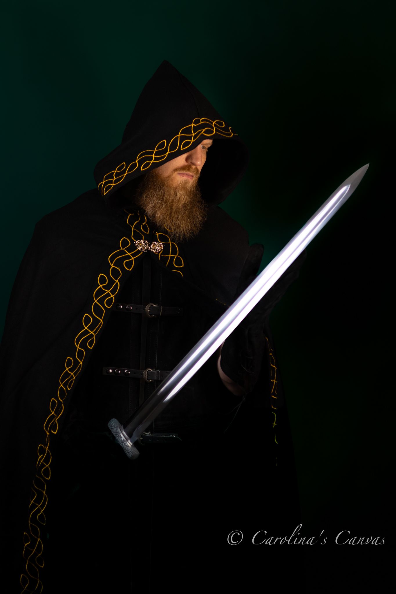 A series of dark moody photographs showing a medieval sword illuminated against a black background with Celtic designs.
