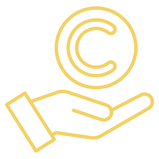 A golden hand icon holding a glowing copyright symbol, illustrated in a minimalist outline style.