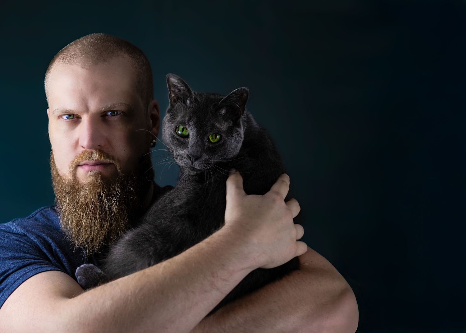 A bearded person holds a black cat in a progressive series of affectionate poses against a dark background.