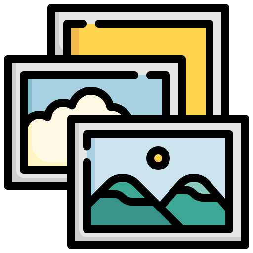 A minimalist icon design of overlapping photo frames showing landscape images with mountains, clouds and sun.