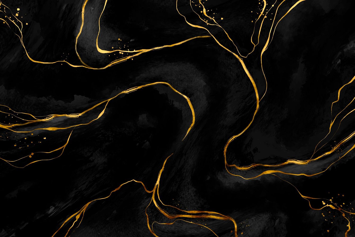 Abstract black marble texture with elegant gold veins swirling in flowing organic patterns against dark background.