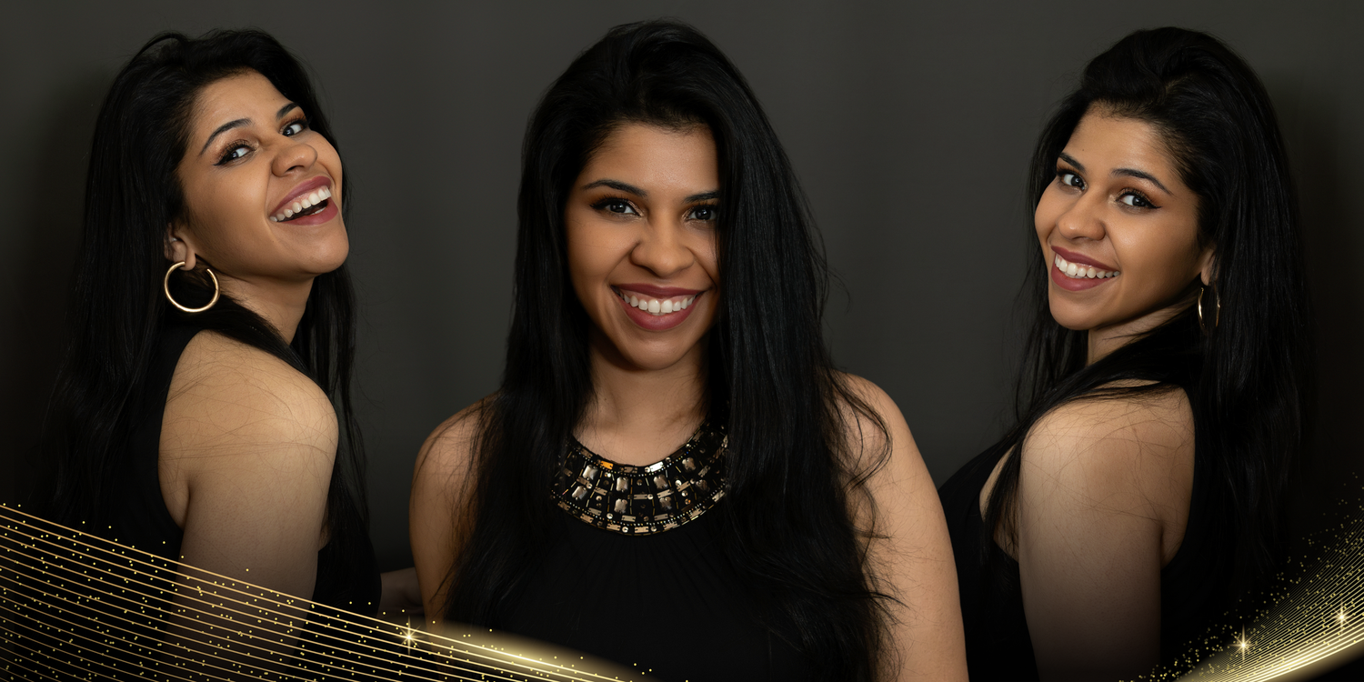 A collage of smiling women posing together in elegant black attire at a formal event.