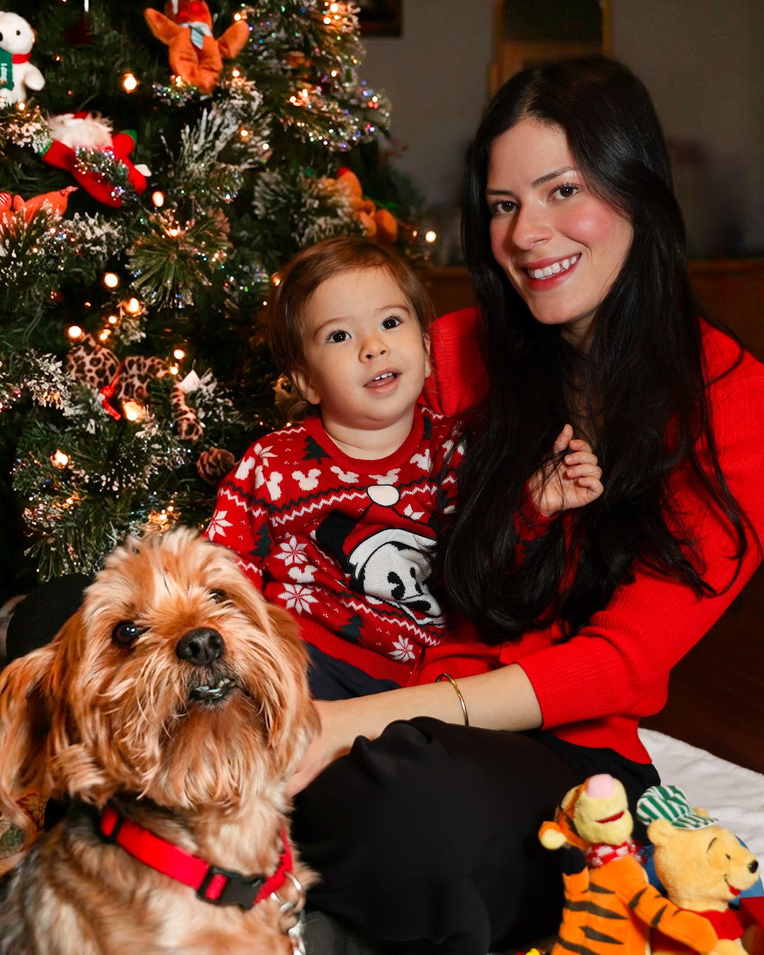 Holiday family portrait with dog showing festive sweaters and Christmas tree decorations in warm lighting.