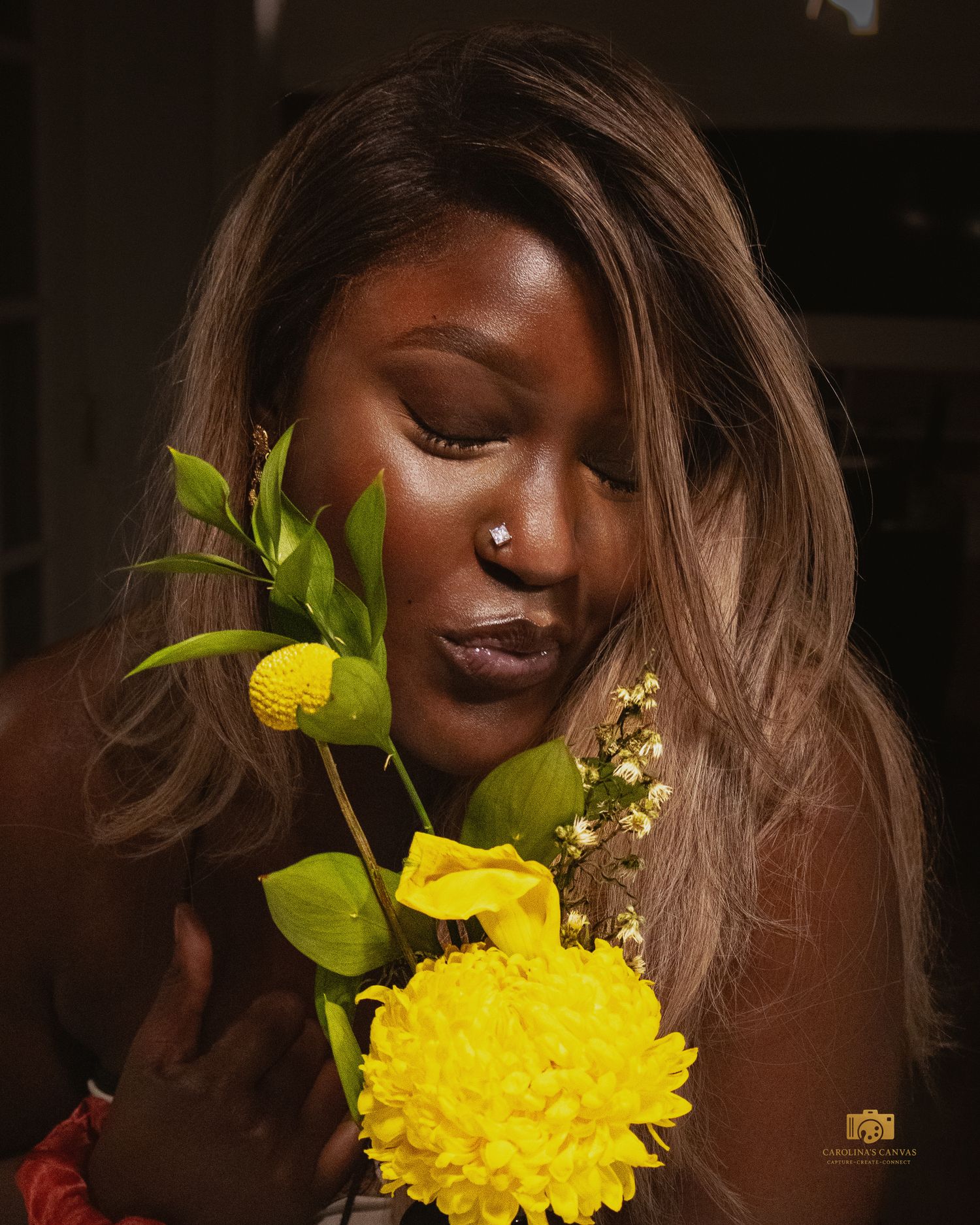 A series of artistic portraits featuring yellow flowers and natural lighting creating a dreamy, romantic atmosphere.