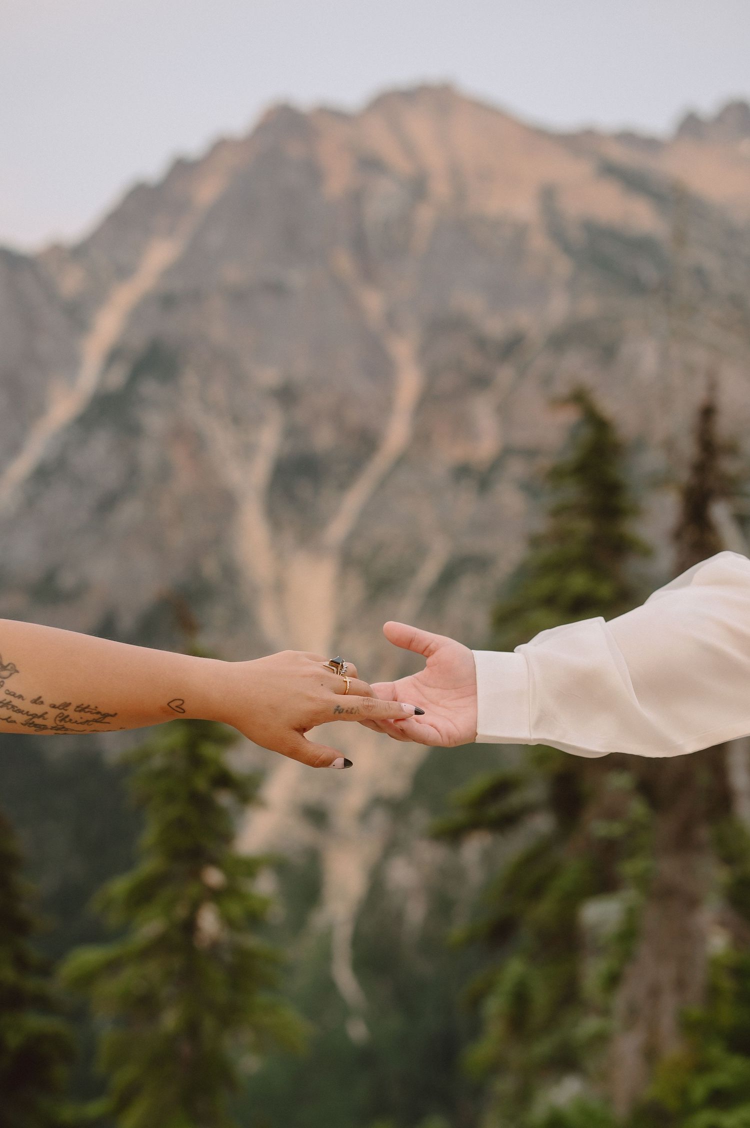 Two hands reaching towards each other against a backdrop of majestic mountain peaks and evergreen forest.