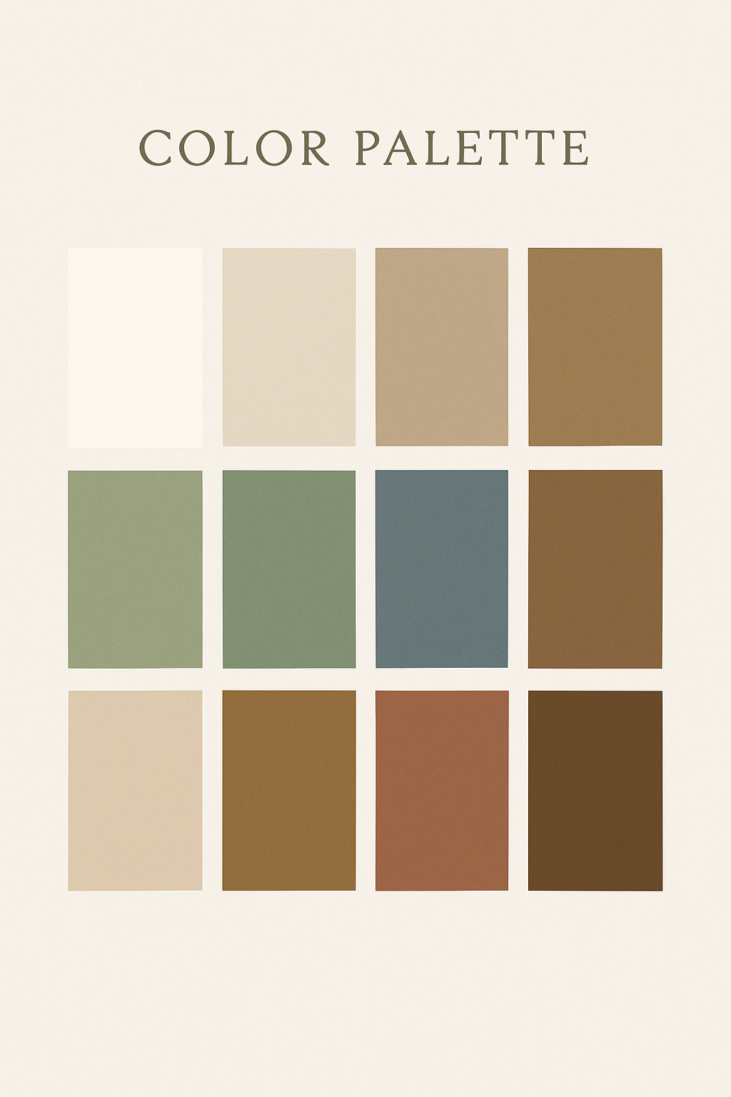 A muted earth tone color palette featuring beige, sage green, slate blue, and warm brown swatches arranged in a grid.