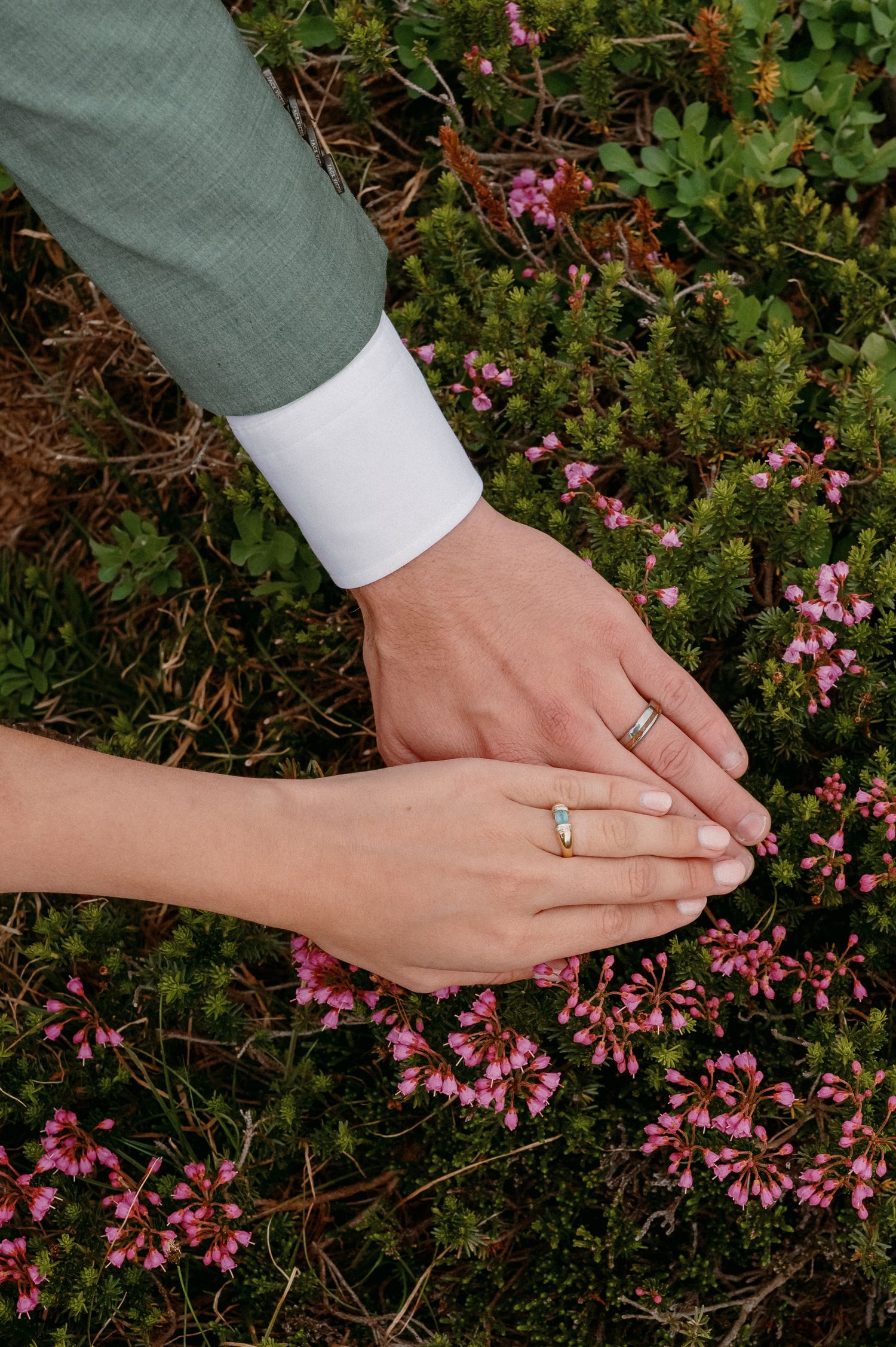 Four sequential photos showing hands with engagement rings positioned against pink flowers and green foliage.