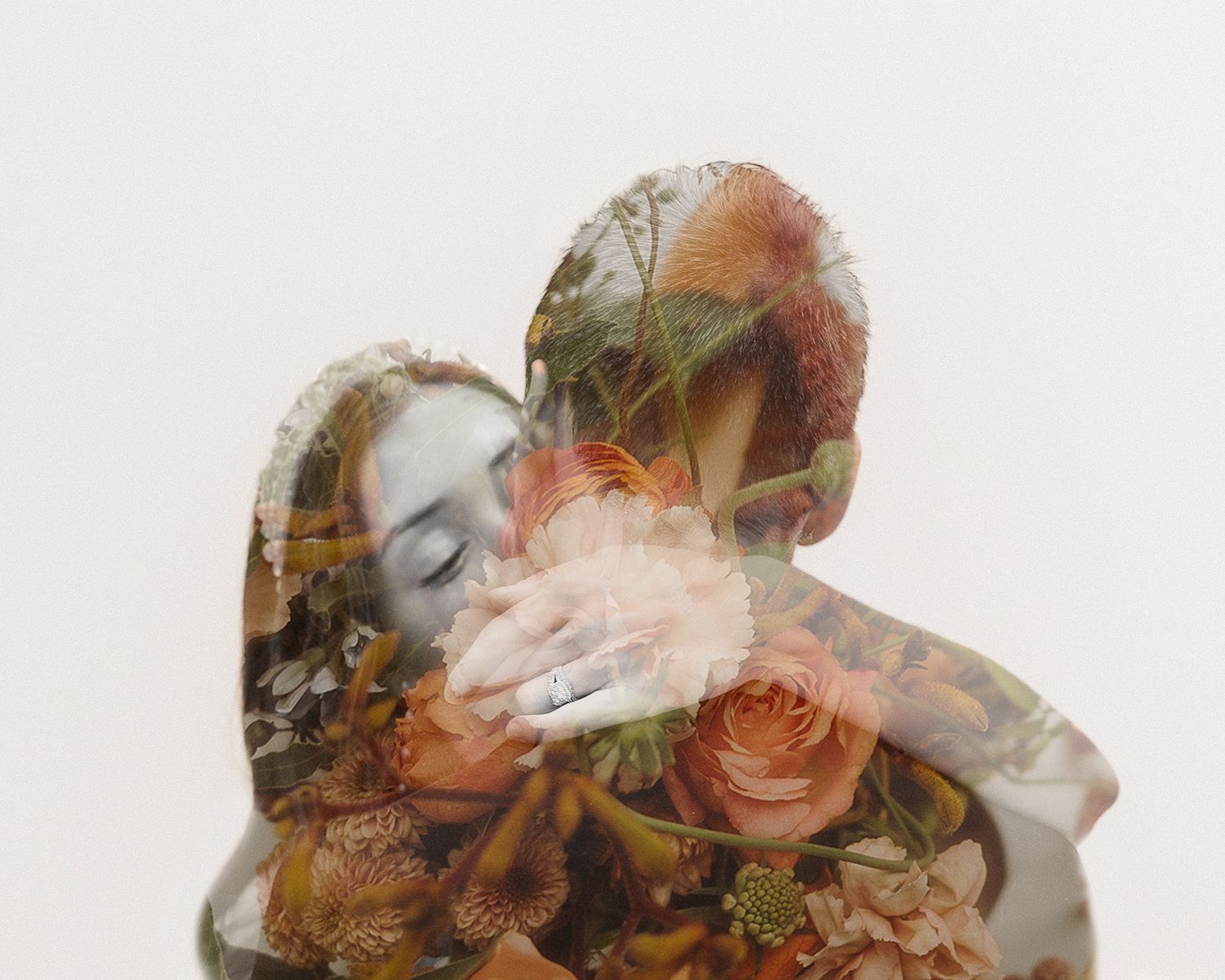 Double exposure portrait overlaid with roses and floral elements creating a romantic effect.