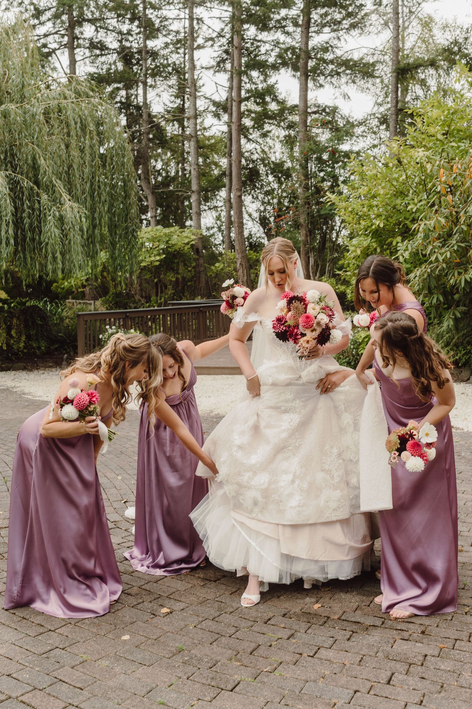 A wedding party in mauve dresses and white gown pose playfully in a sequence of candid photos outdoors.