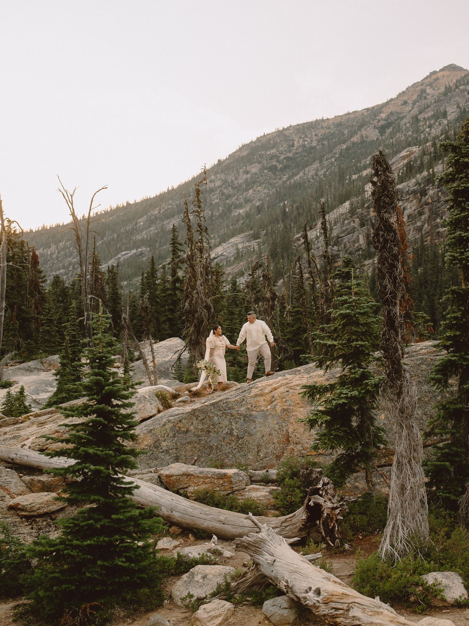 A winding mountain trail leads through rugged alpine terrain with evergreen trees and rocky outcrops at sunset.