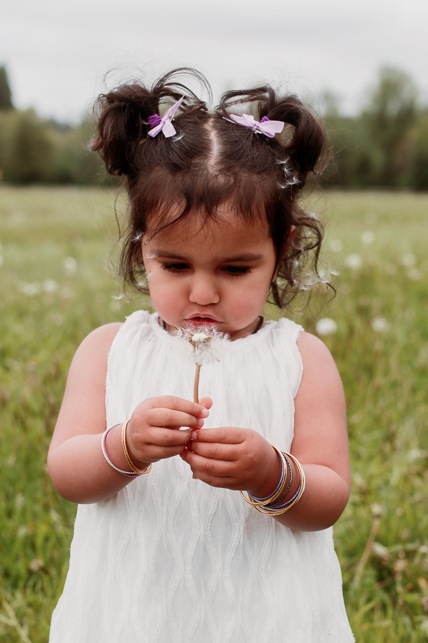A small child in a white dress blows on a dandelion while standing in a grassy meadow on a summer day.
