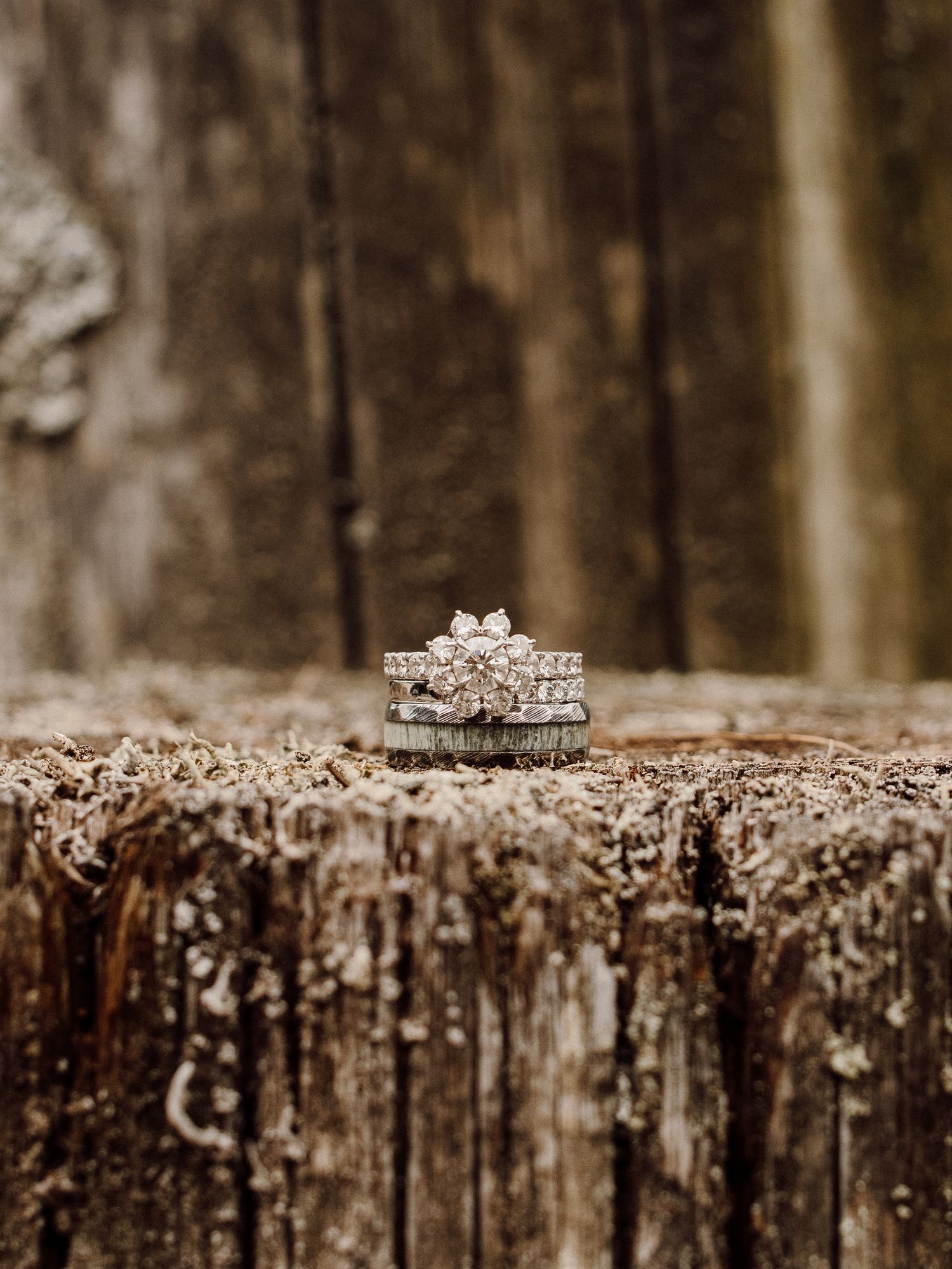 Diamond wedding rings displayed on weathered wood in artistic macro photography.