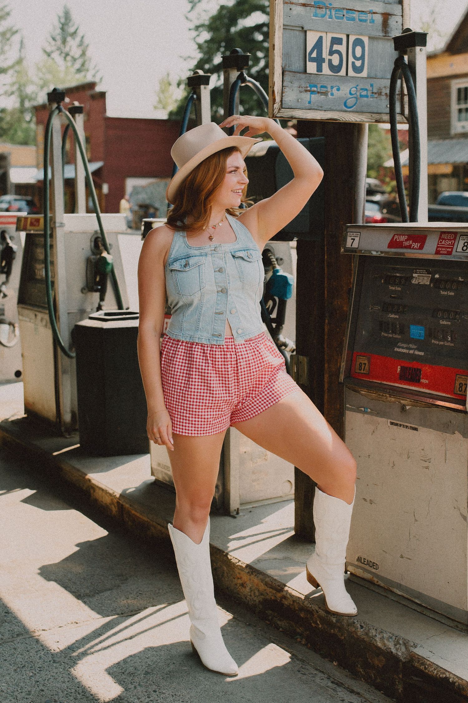 A series of retro-styled fashion photos showing a person in denim, gingham shorts and white knee socks posing against vintage storefronts.