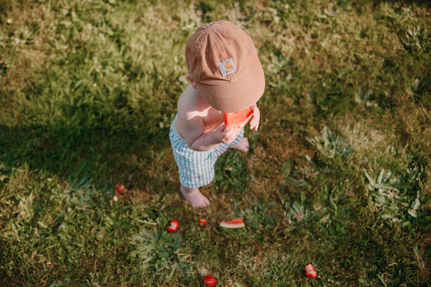 A person wearing a light colored dress reaches down to pick red apples scattered on grass in a sunlit garden.