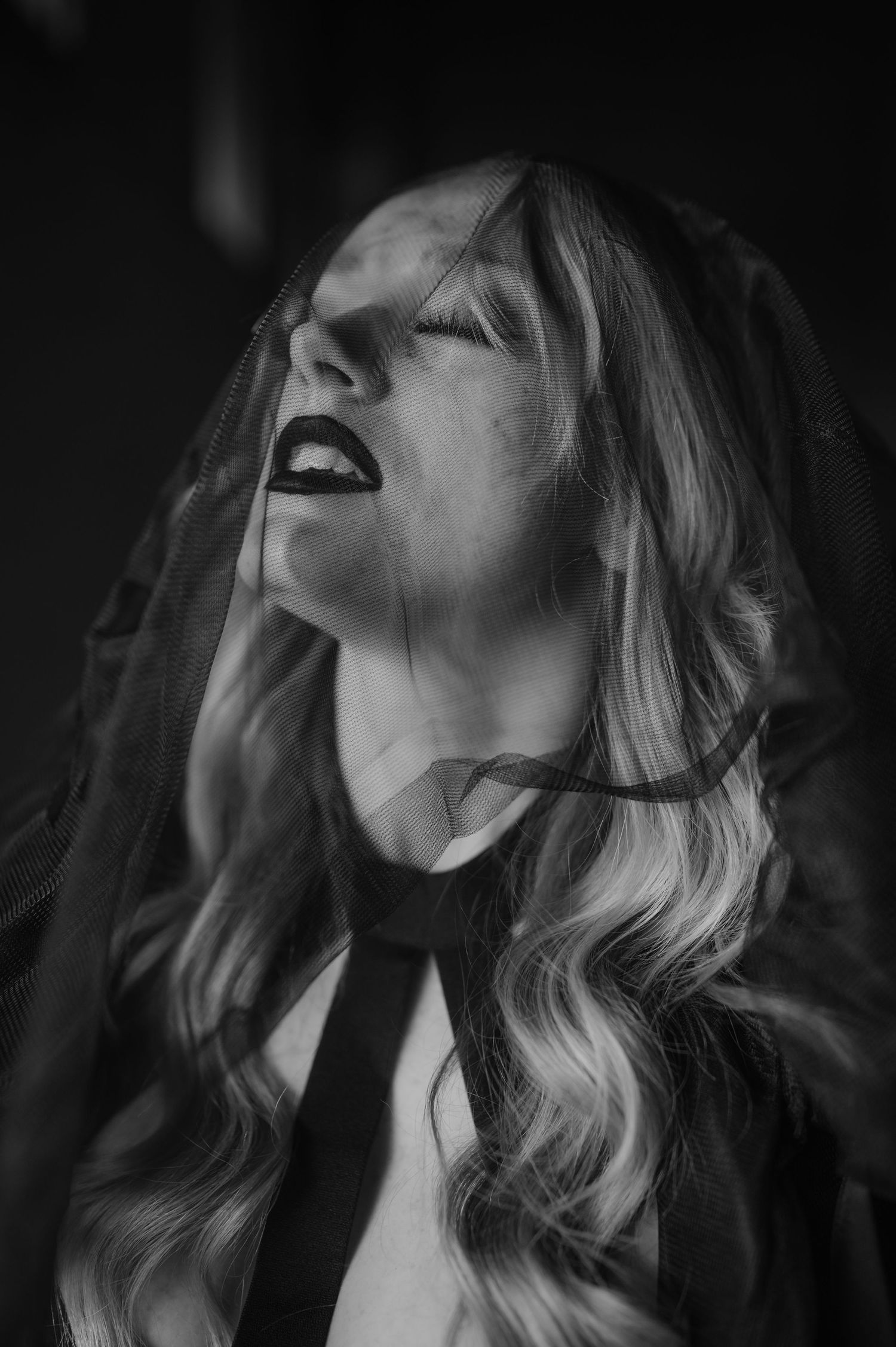 Black and white portrait of a woman with long wavy hair, dark lips, and a sheer veil, head tilted back.