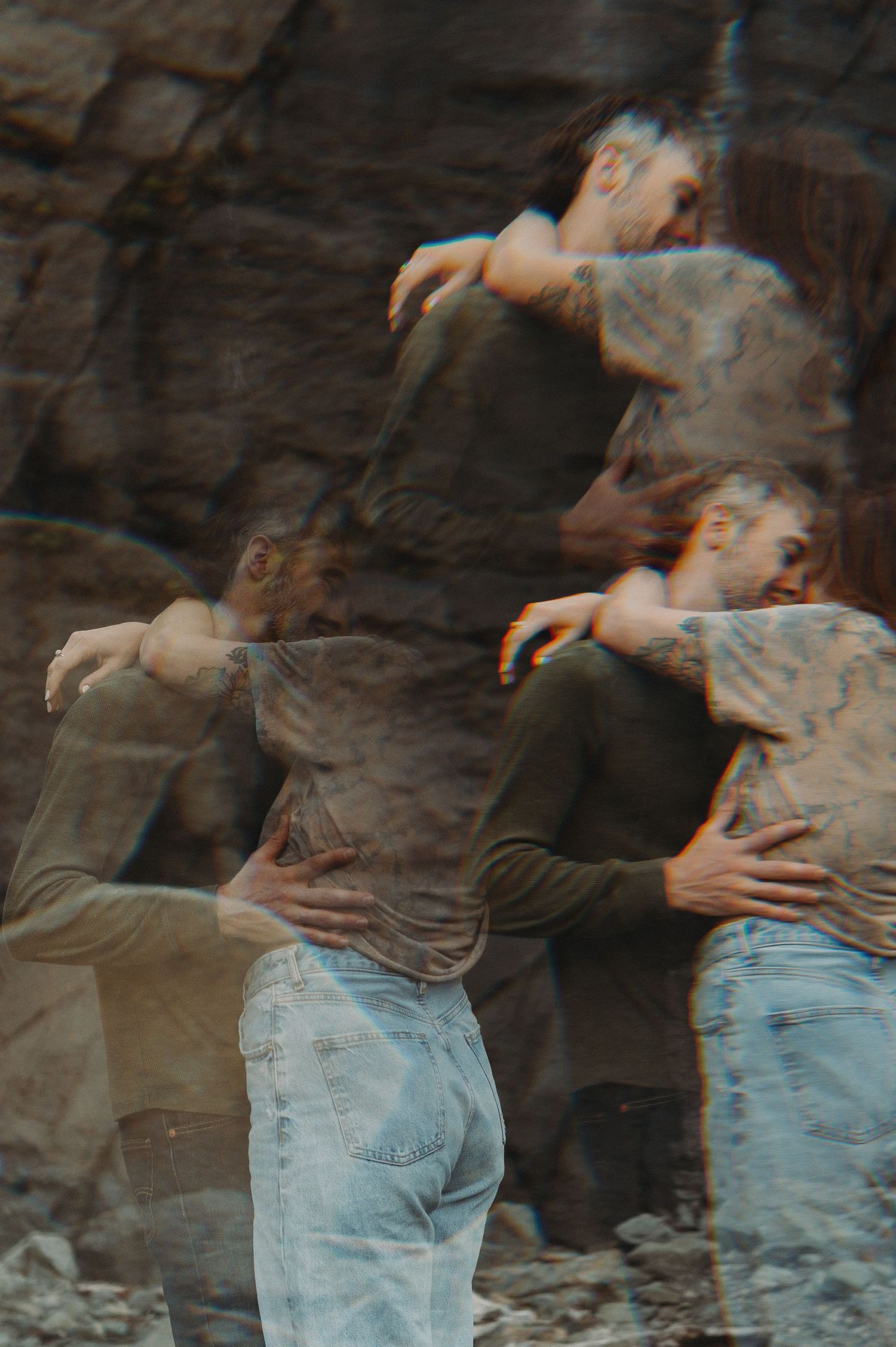 Multiple exposure sequence showing a person in jeans and brown top leaning backwards against a stone wall.