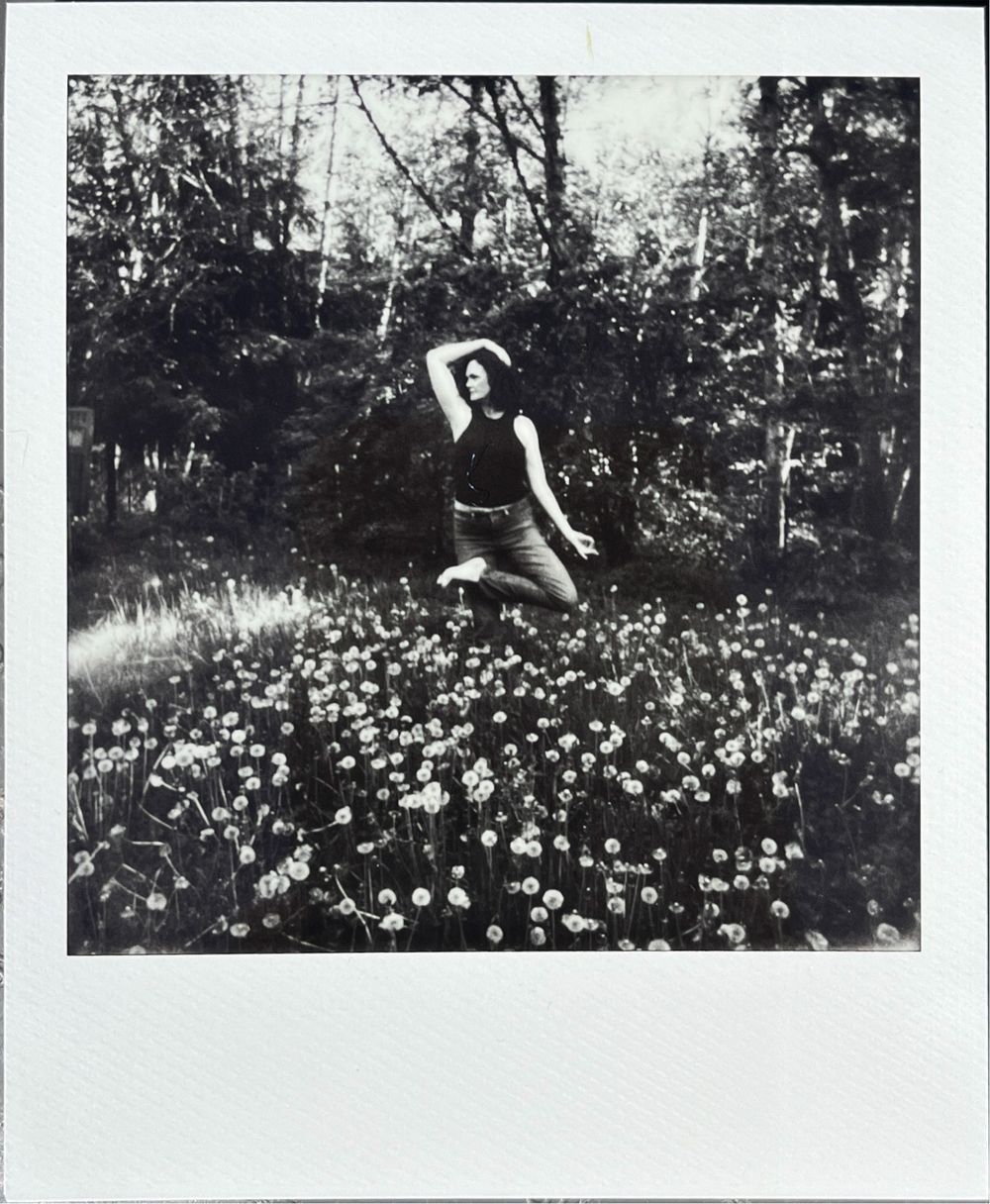 A sequence of vintage black and white photographs showing someone jumping over a field of blooming flowers.