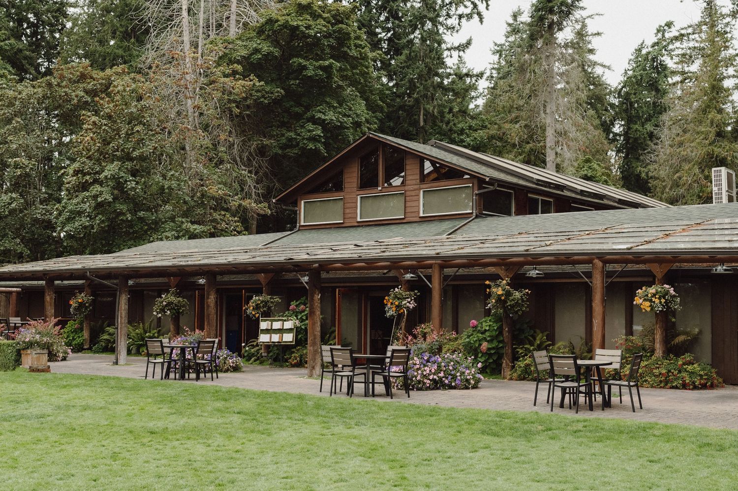 A panoramic view of a rustic outdoor wedding venue with wooden buildings and tables set up among tall evergreen trees.