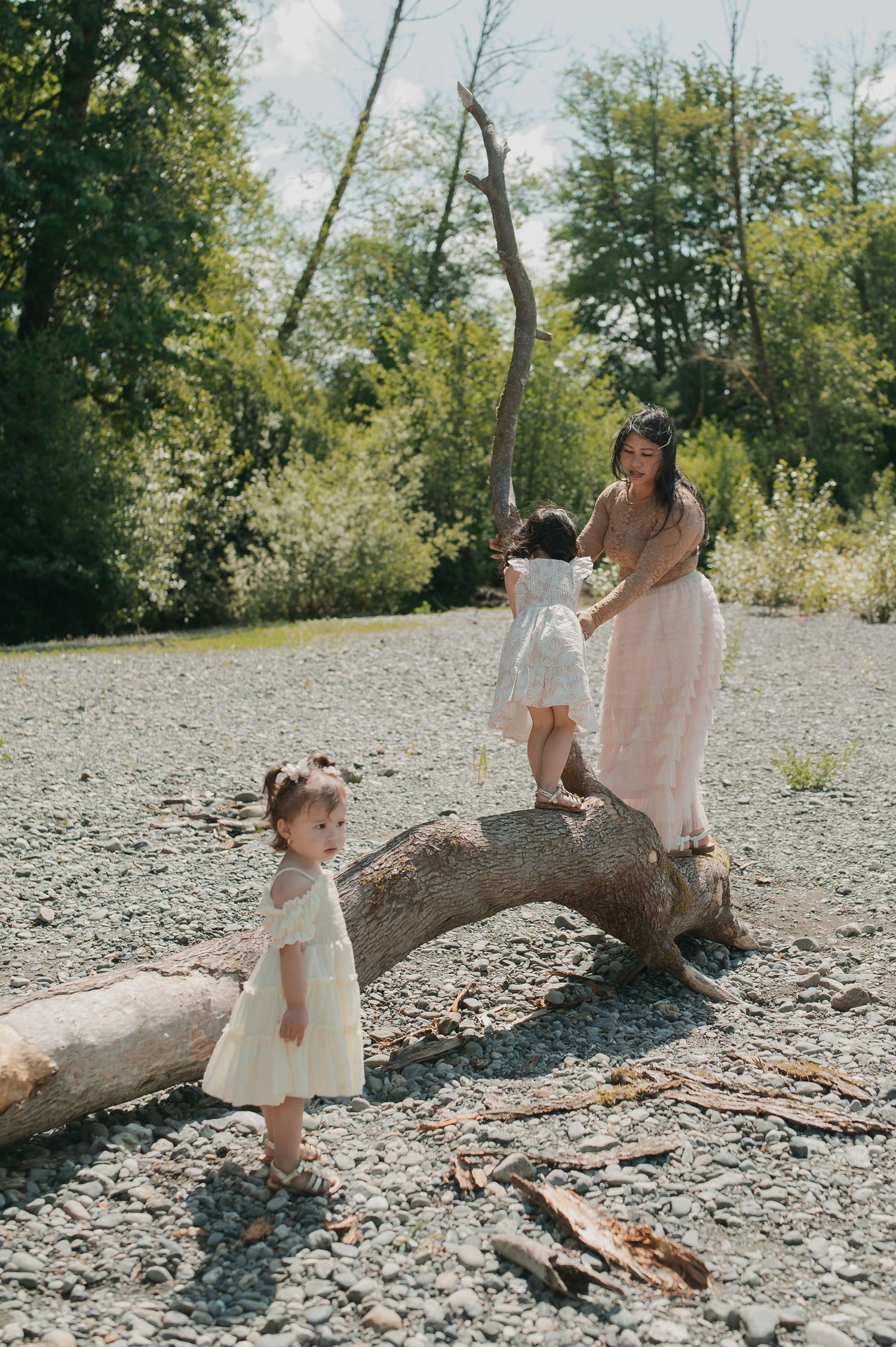 People in soft pink and white dresses pose together on a fallen log in a sunny outdoor setting among trees.