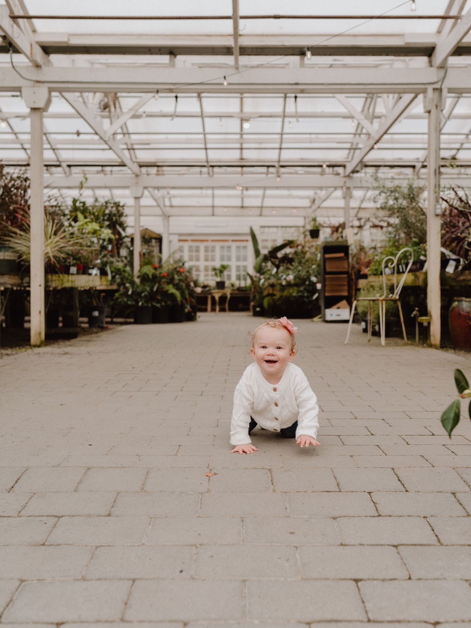 A happy baby crawls on a brick path inside a bright greenhouse surrounded by lush green plants.