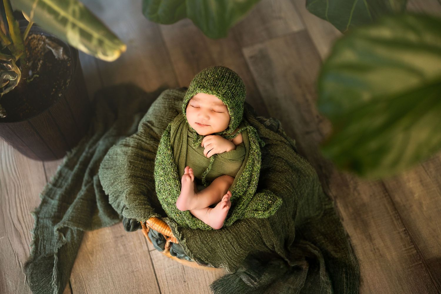 A baby nestled in a green cabbage leaf prop on a rustic wooden surface during a creative newborn photo session.