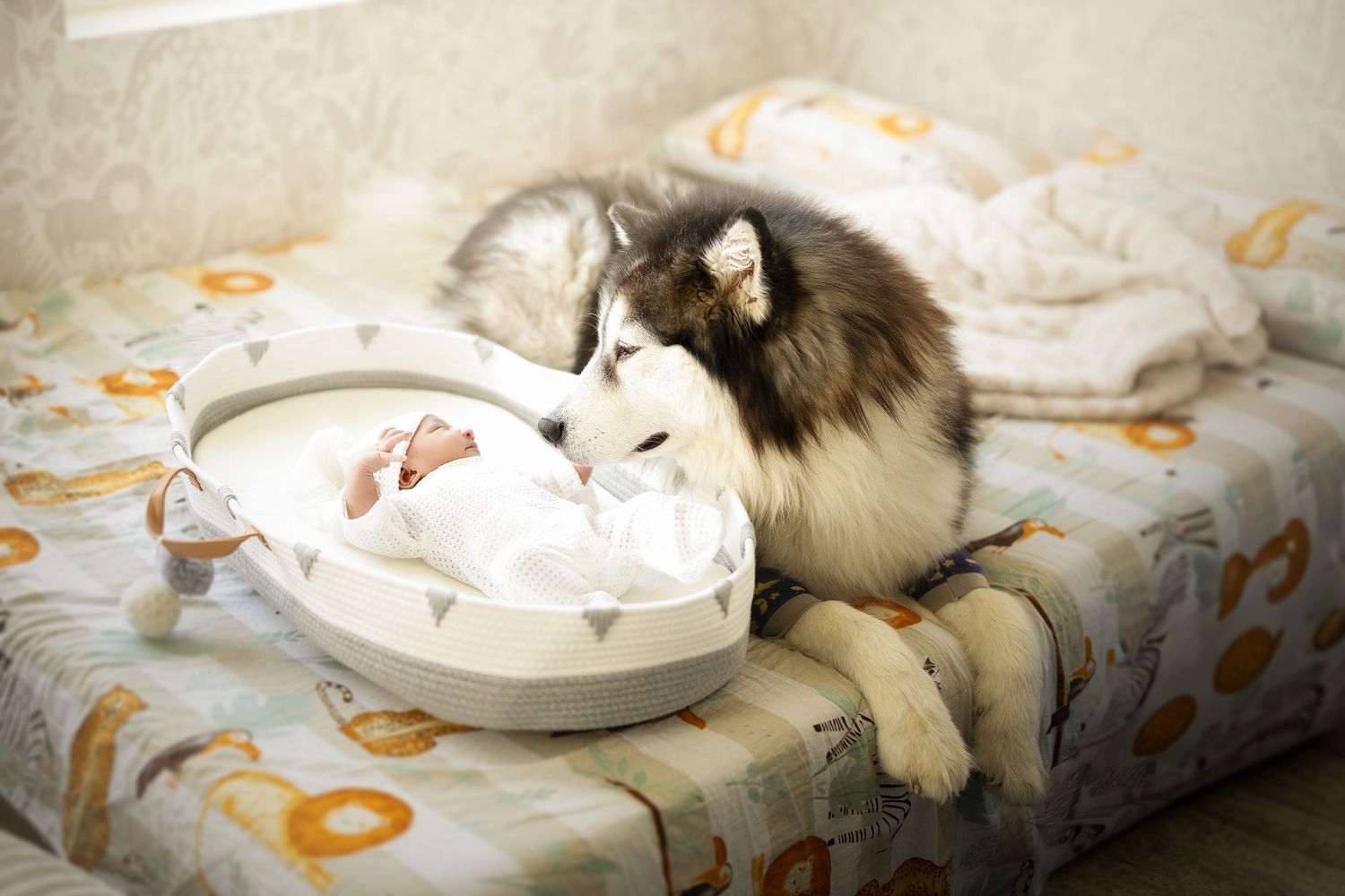 A fluffy cat sits next to a baby scale or monitor on a floral patterned couch.