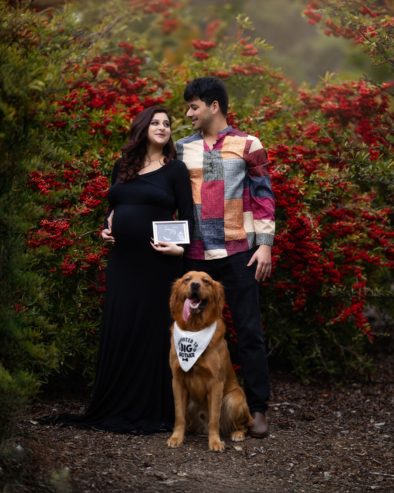 A couple poses with their golden retriever in front of vibrant red flowers during an outdoor photo session.