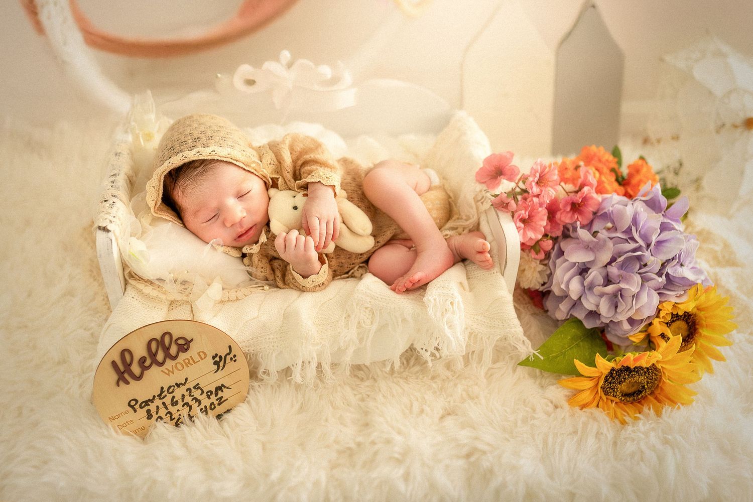 Newborn baby sleeping in a tiny white bed wearing a bear outfit, surrounded by colorful flowers and a Hello birth announcement sign.