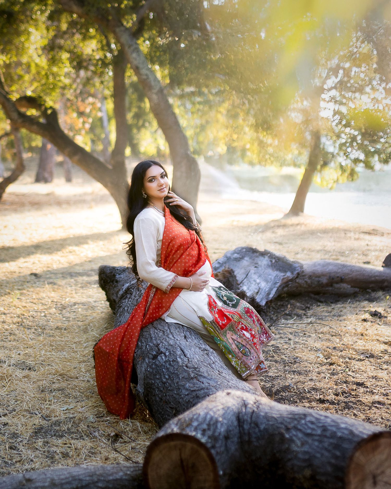 A person in a red dress reclines against a fallen log in a sun-dappled forest setting.